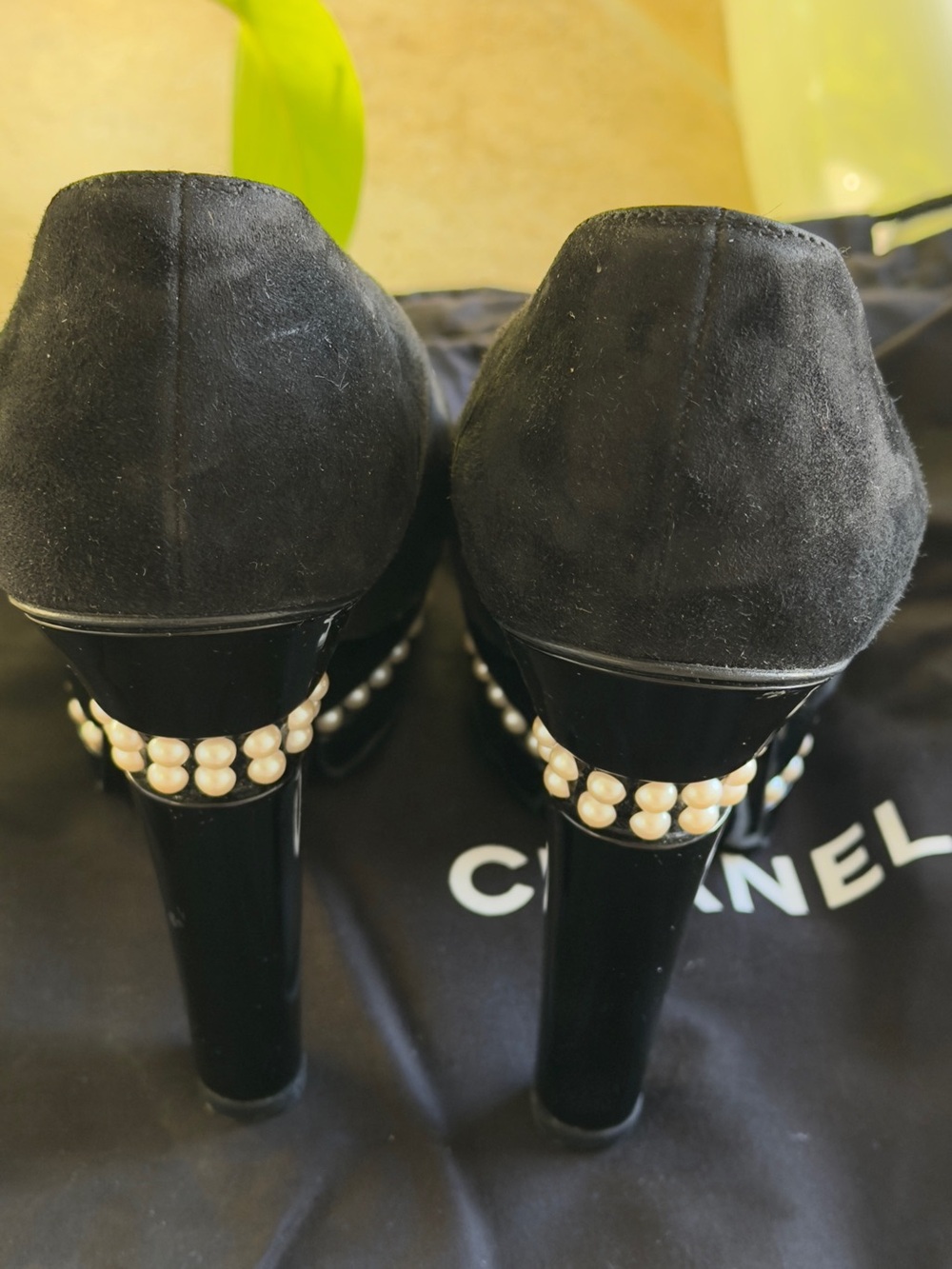 CHANEL Black Suede Pearl-Trim Platform Pumps - Picture 3 of 5